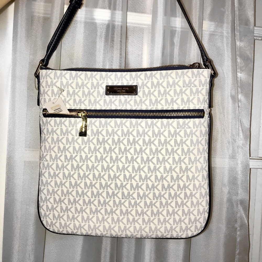 Navy Blue & White Michael Kors Flat Crossbody Bag